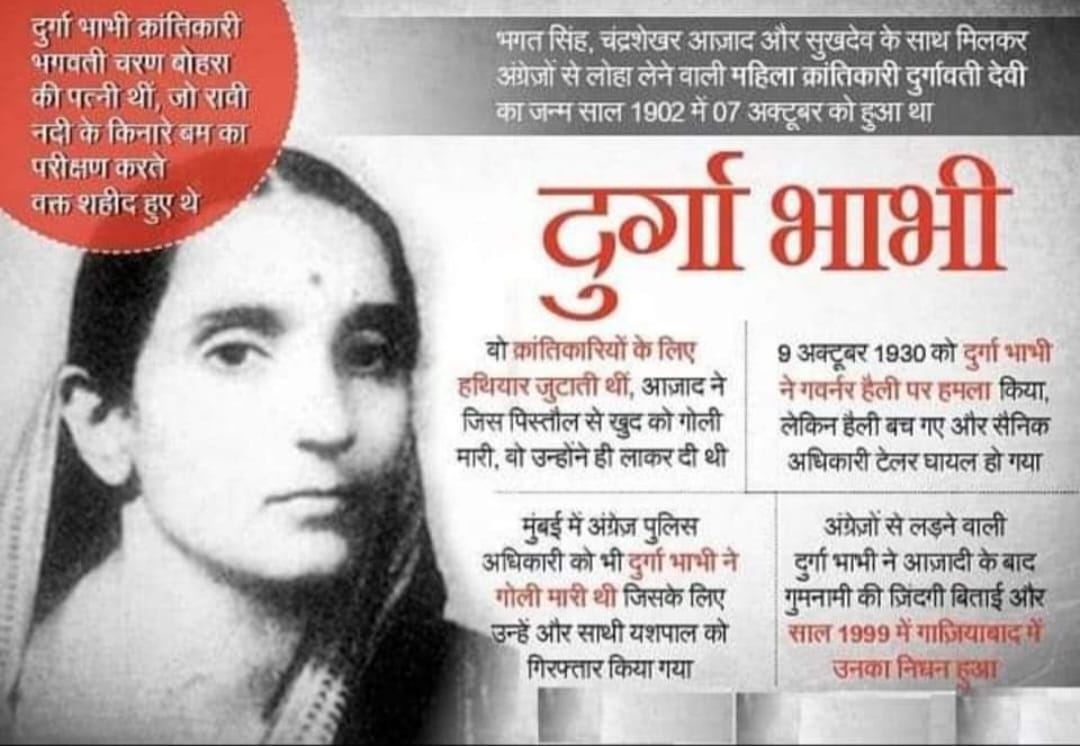 क्रान्तिकारी दुर्गा भाभी “7 अक्तूबर/जन्म-दिवस”